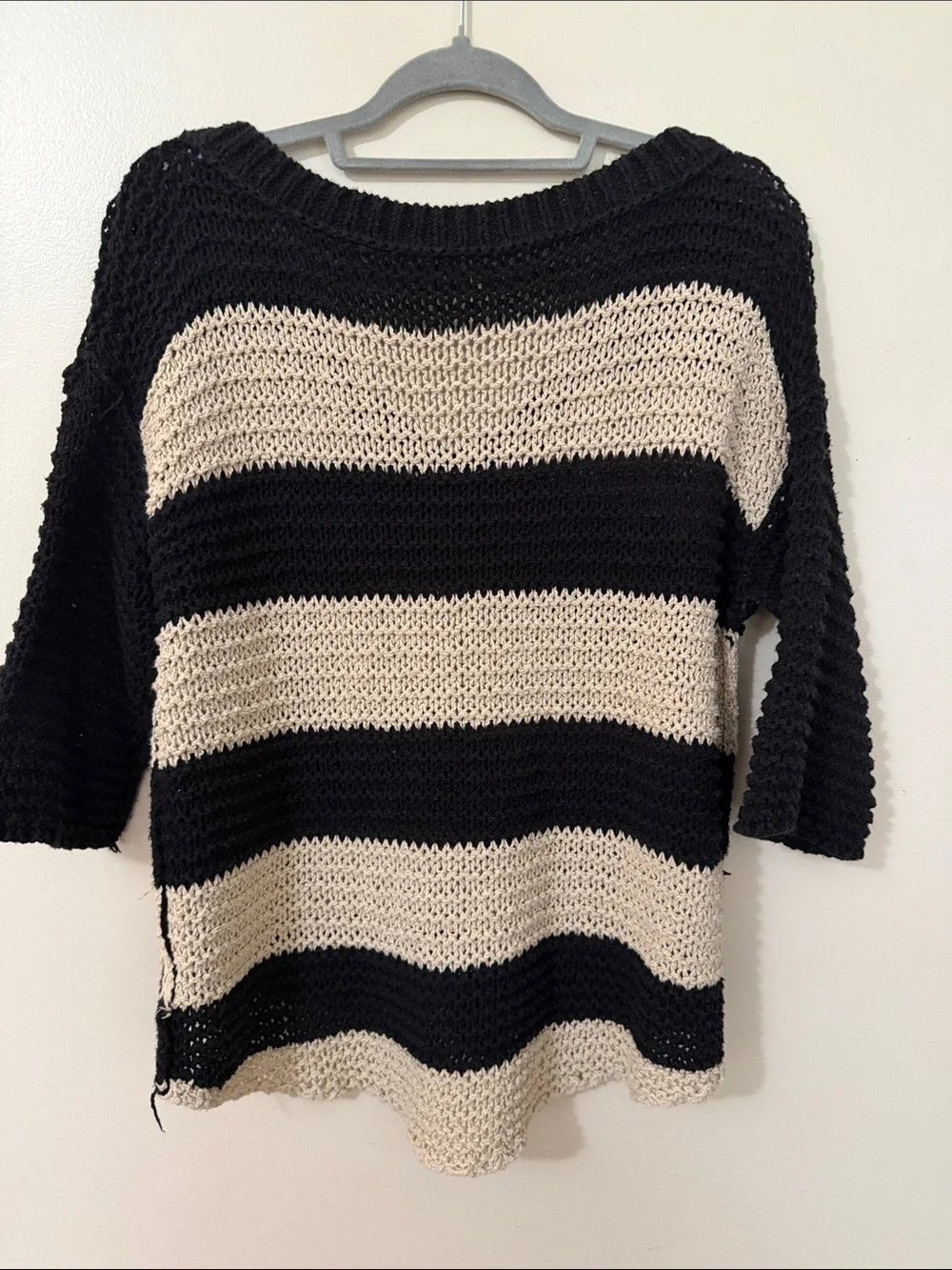 Free People Black & Cream Striped V-Neck Pullover